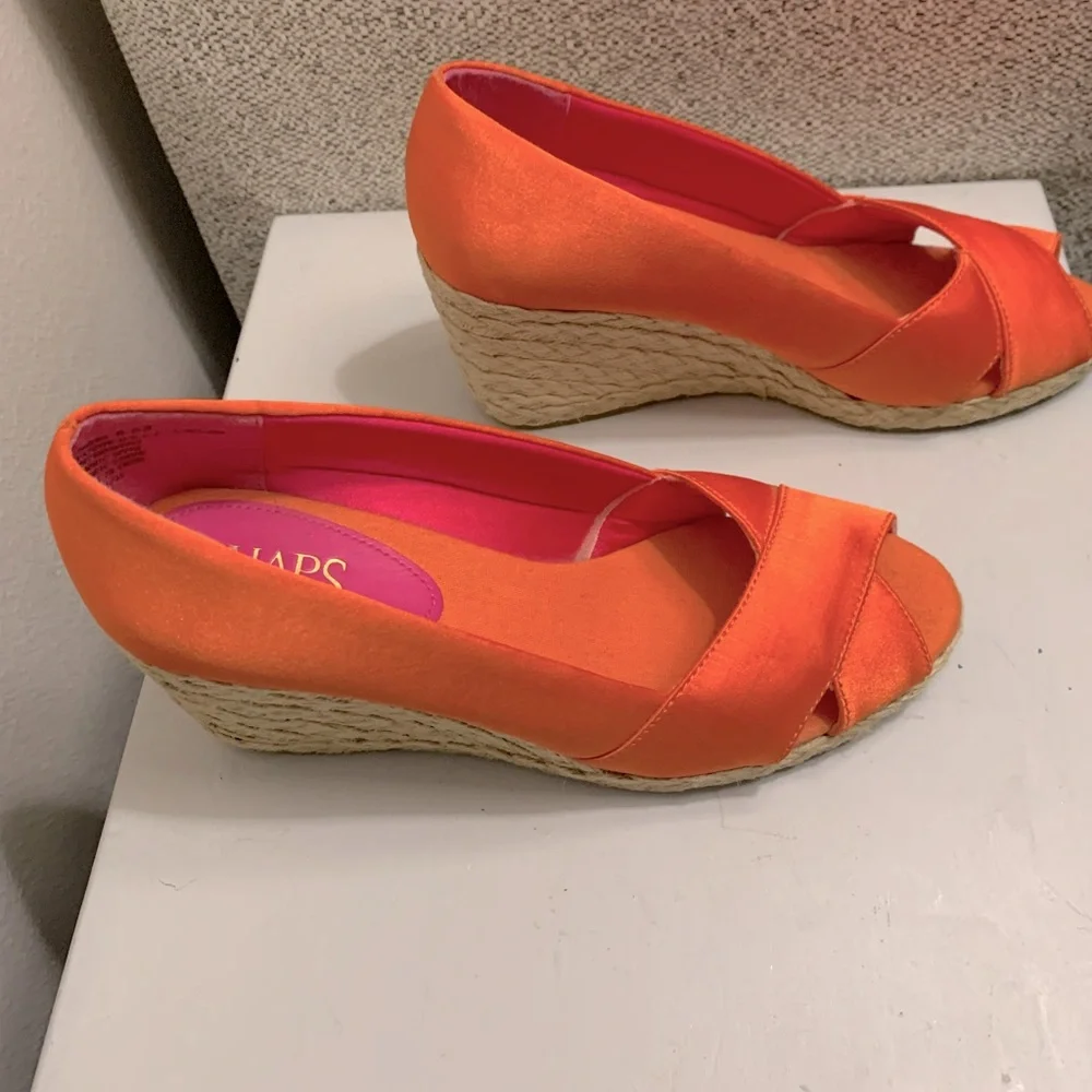 Ralph Lauren Chaps Espadrilles 6.5 Orange Sheen Wedges Stacked Heels